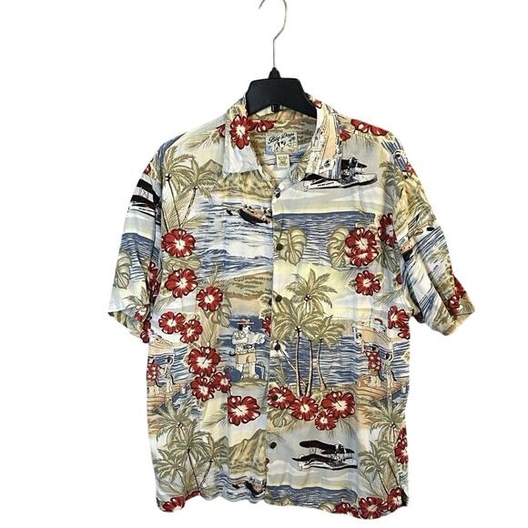 Big Dog Hawaiian Shirt Large Rayon Aloha Cruise Ship Airplane Floral VTG - Picture 1 of 5